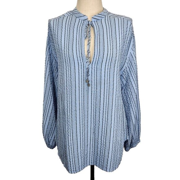 Free‎ People Rhythm Of The Night Tunic M Blue Striped Bishop Sleeves Oversized - Picture 1 of 11